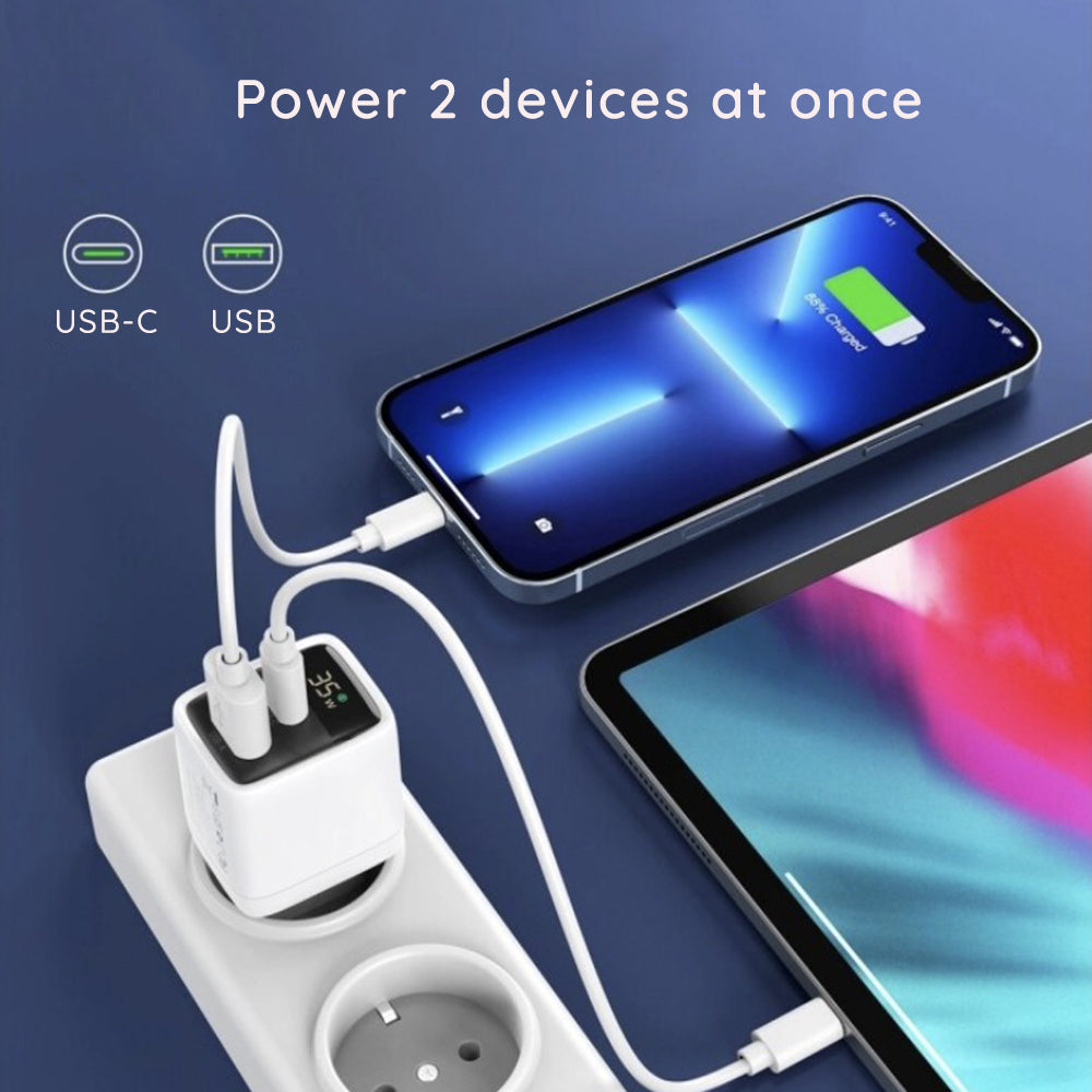 Incarcator Retea Techsuit CH3 LEDChargX Display, 35W, 3A, 1 x USB-A - 1 x USB-C, Negru