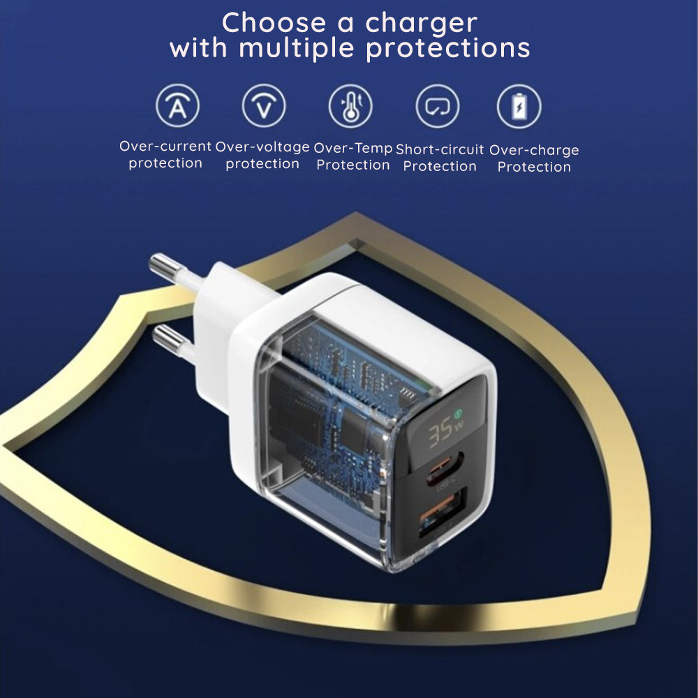 Incarcator Retea Techsuit CH3 LEDChargX Display, 35W, 3A, 1 x USB-A - 1 x USB-C, Negru