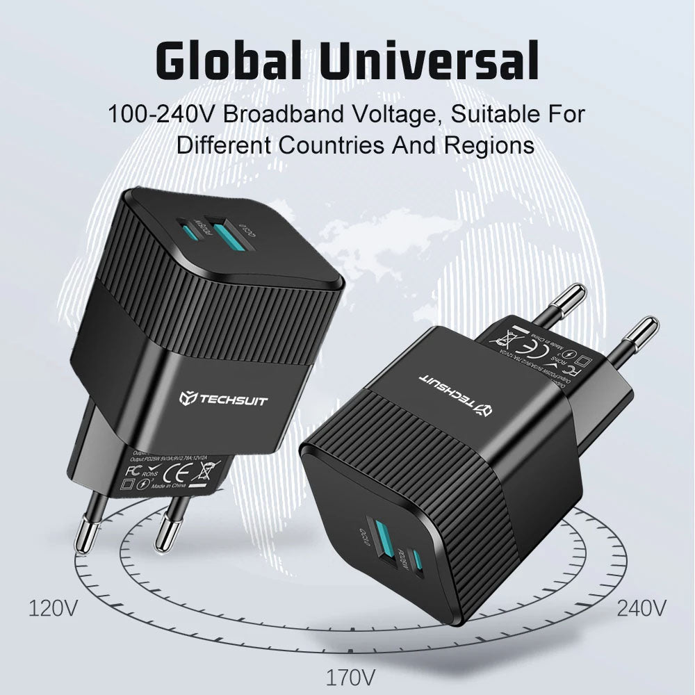 Incarcator Retea Techsuit CHPD216 Tiny, 25W, 3A, 1 x USB-A - 1 x USB-C, Negru
