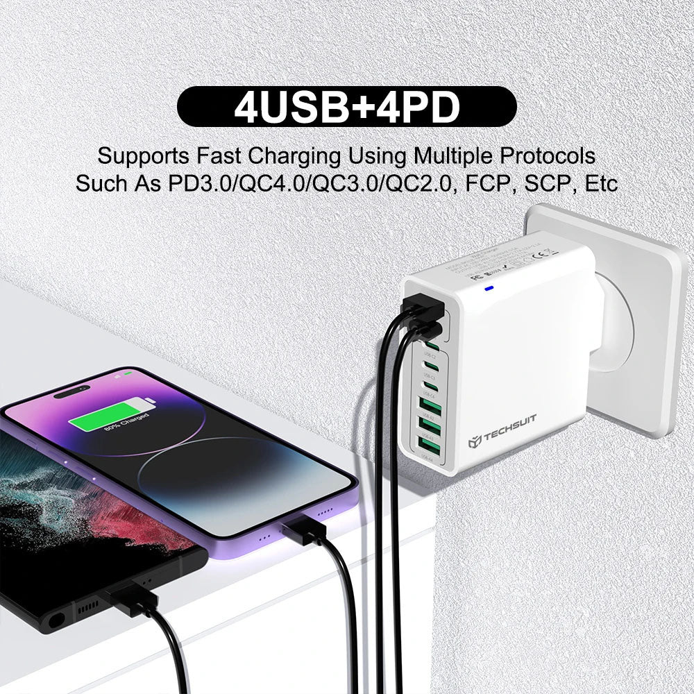 Incarcator Retea Techsuit CHPD224, 65W, 3.25A, 4 x USB-A - 4 x USB-C, Alb