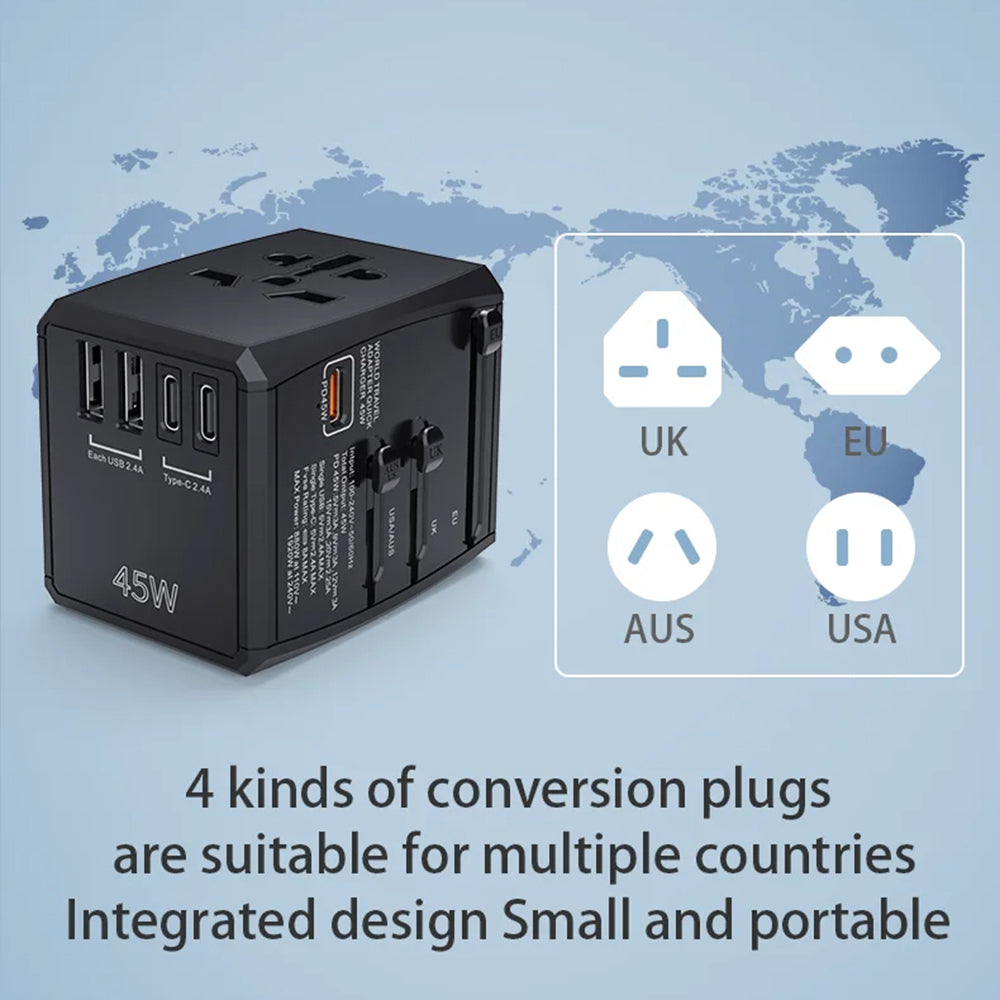 Incarcator Retea Techsuit HHT905 Travel, 45W, 3A, 2 x USB-A - 2 x USB-C, Negru