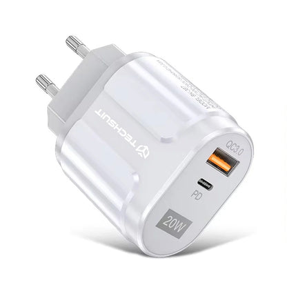 Incarcator Retea Techsuit Premium, 20W, 3A, 1 x USB-A - 1 x USB-C, Alb