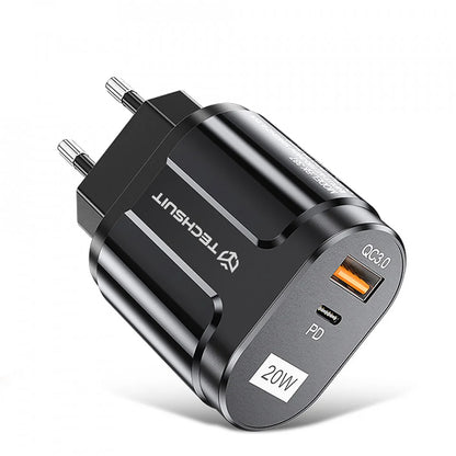 Incarcator Retea Techsuit Premium, 20W, 3A, 1 x USB-A - 1 x USB-C, Negru CHPD038