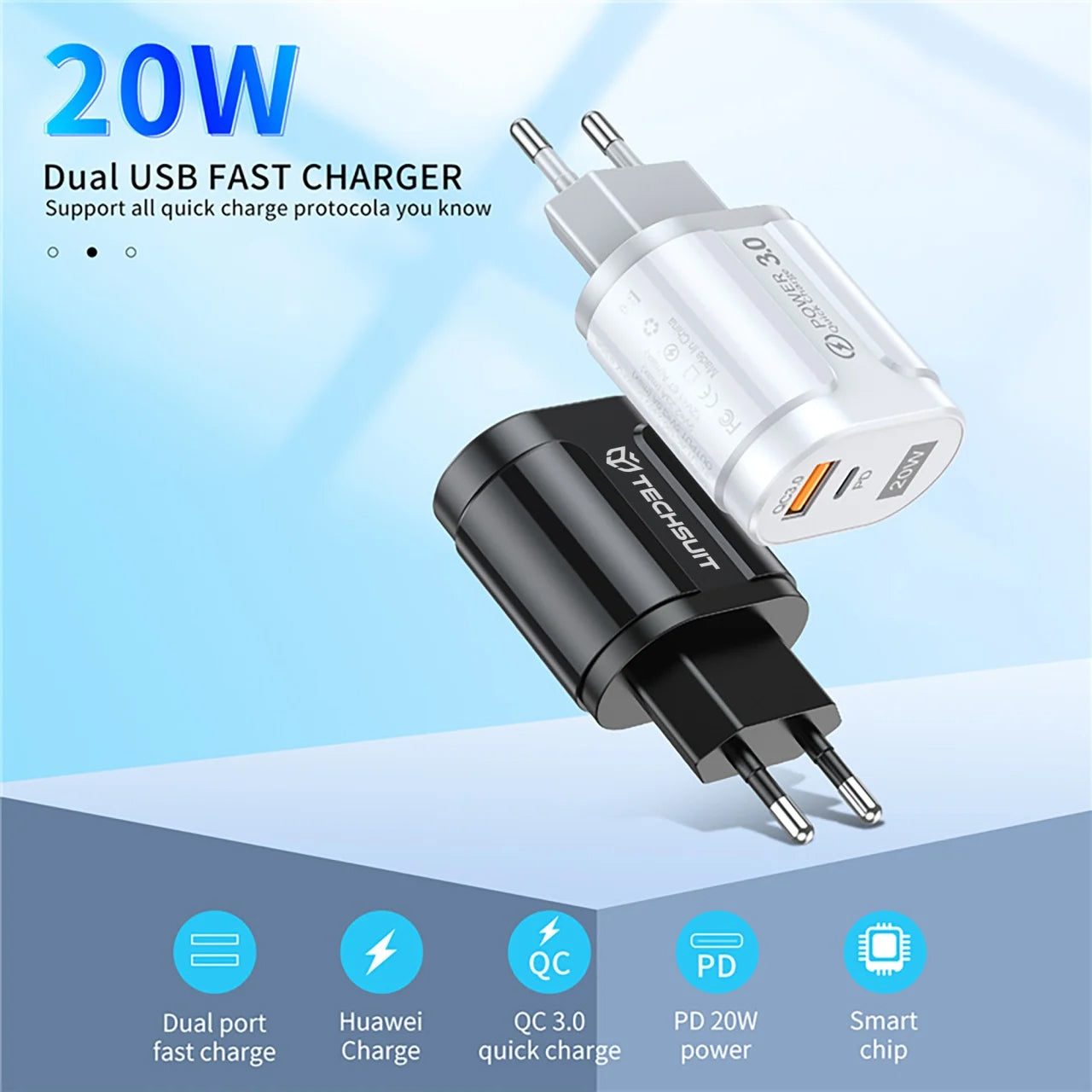 Incarcator Retea Techsuit Premium, 20W, 3A, 1 x USB-A - 1 x USB-C, Alb