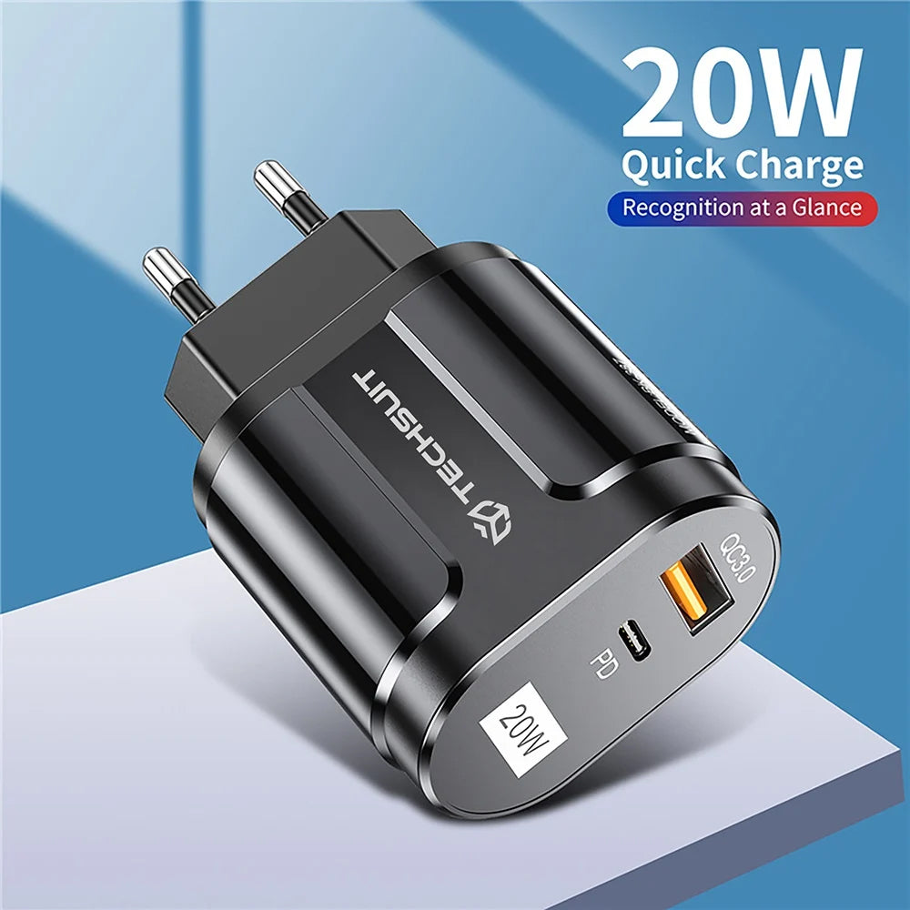 Incarcator Retea Techsuit Premium, 20W, 3A, 1 x USB-A - 1 x USB-C, Alb