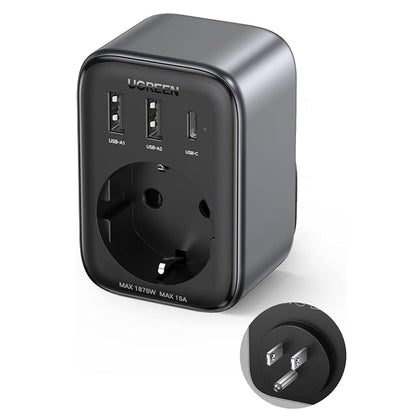 Incarcator Retea UGREEN 15289 US, 30W, 3A, 2 x USB-A - 1 x USB-C - 1 x Schuko, Negru