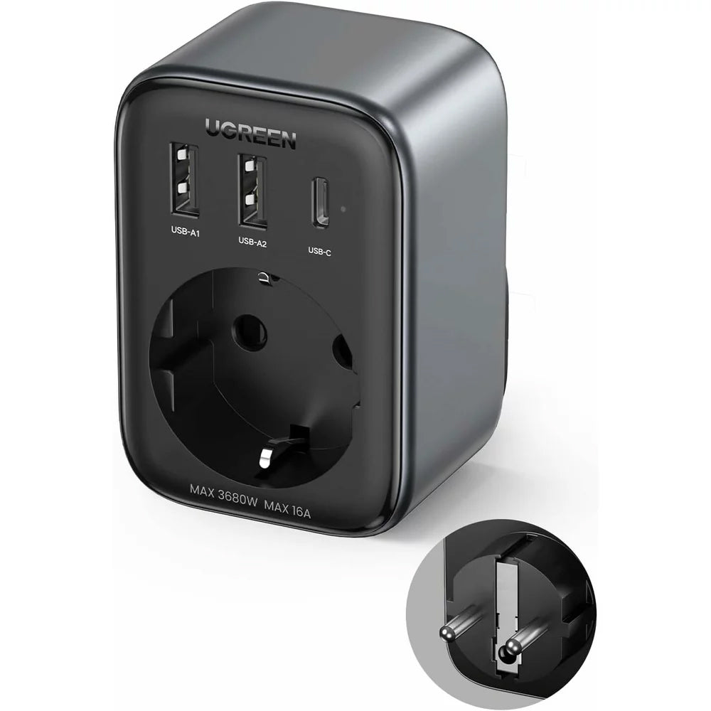 Incarcator Retea UGREEN CD314, 30W, 3A, 2 x USB-A - 1 x USB-C - 1 x Schuko, Negru