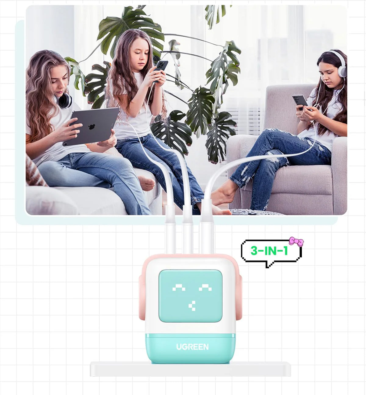 Incarcator Retea UGREEN CD361 Uno, 65W, 3.25A, 1 x USB-A - 2 x USB-C, Turcoaz