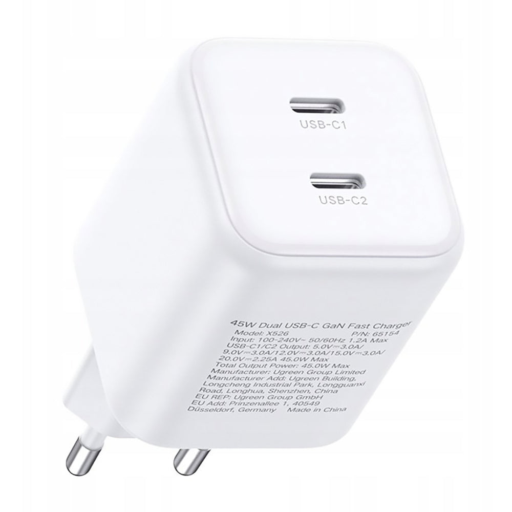 Incarcator Retea UGREEN X526 (65154), 45W, 3A, 2 x USB-C, Alb