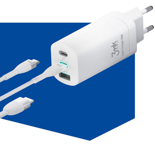 Incarcator Retea 3MK HyperCharger, 65W, 5A, 1 x USB-A - 2 x USB-C, Alb