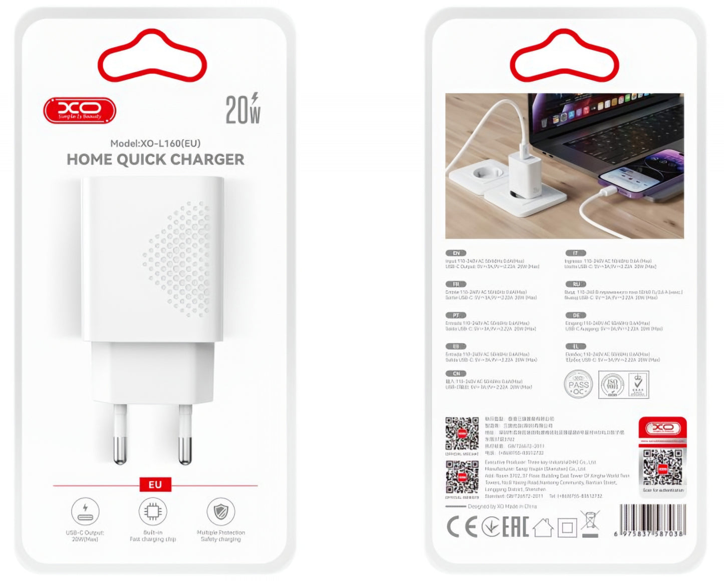 Incarcator Retea USB-C XO Design L160, 20W, 3A, 1 x USB-C, Alb