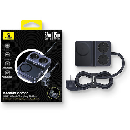 Incarcator Statie Baseus Nomos ND11 QI 6in1, 67W, 3.35A, 1 x USB-A - 2 x USB-C - 2 x Schuko, Negru P80015804213-00
