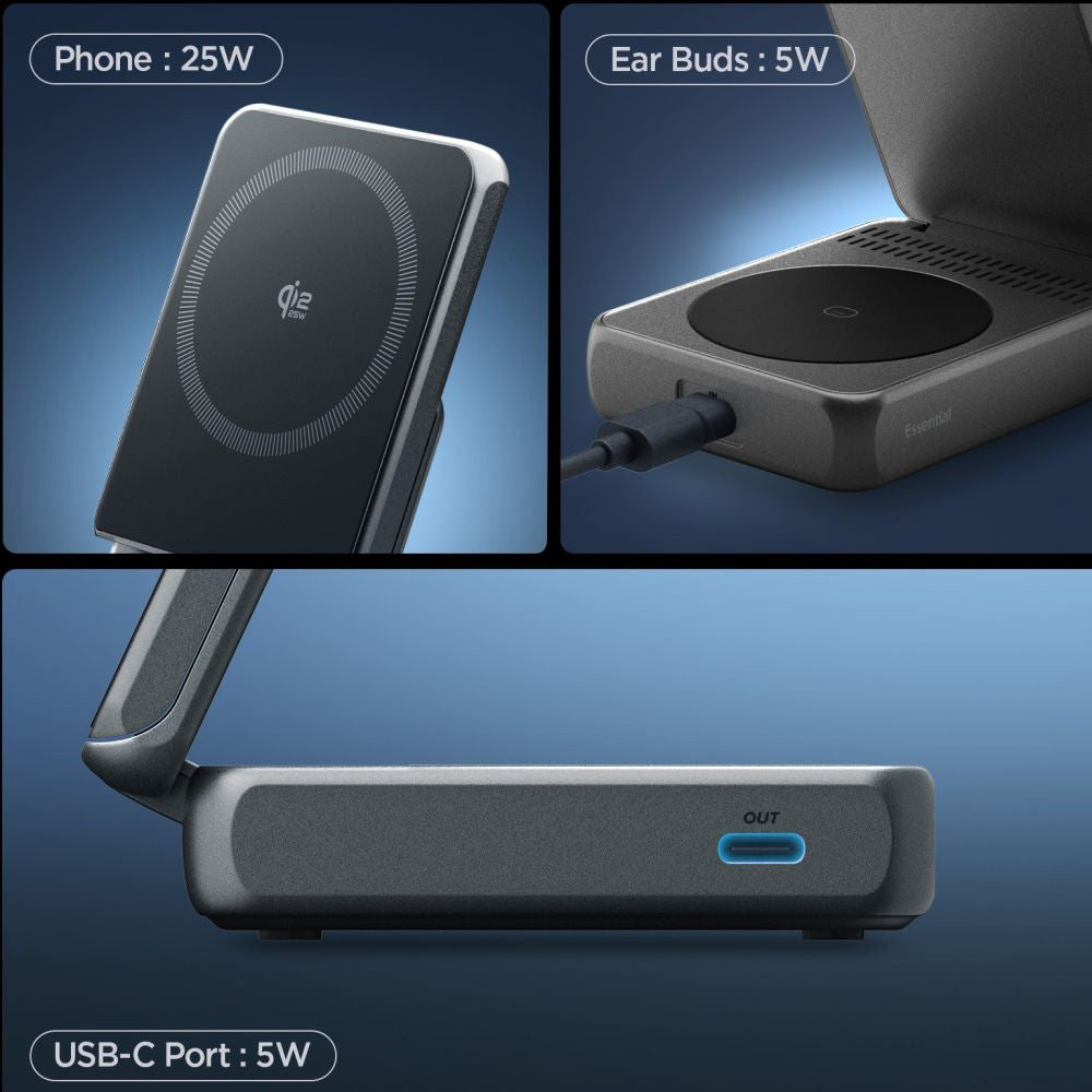 Incarcator Retea Wireless Spigen EF302MOQ 3in1, 25W, 1 x USB-C, Gri