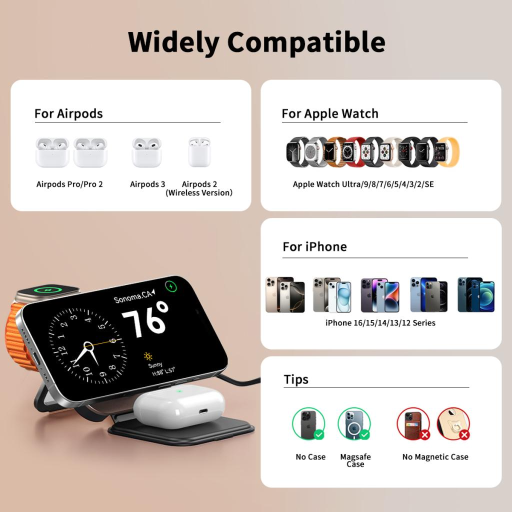 Incarcator Retea Wireless XO Design CX035 3in1, 15W, 1.67A, Negru