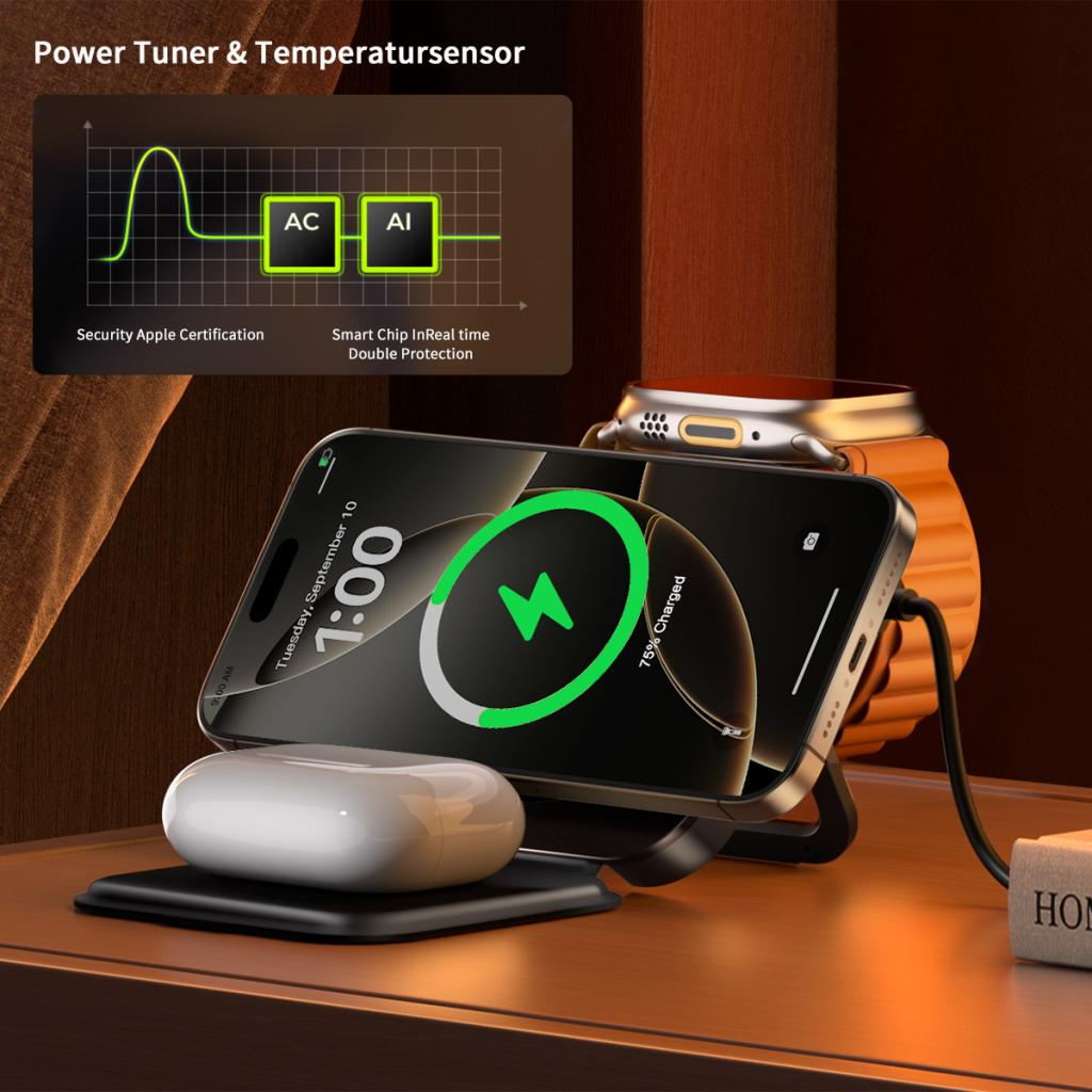 Incarcator Retea Wireless XO Design CX035 3in1, 15W, 1.67A, Negru, Resigilat