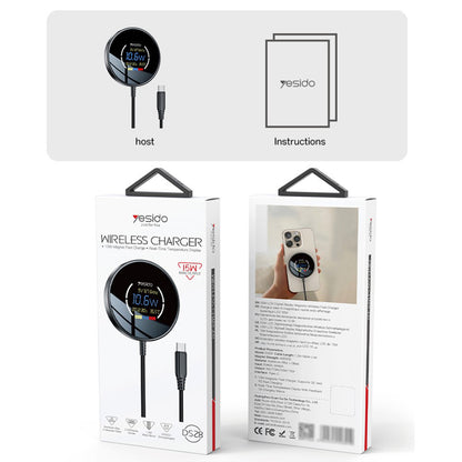 Incarcator Retea Wireless Yesido DS28 Display, 15W, 1.67A, Negru