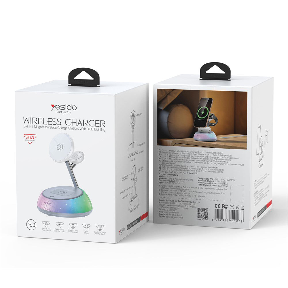Incarcator Retea Wireless Yesido DS31 3in1, 15W, 1.67A, Alb