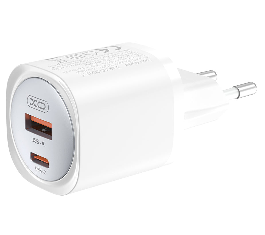 Incarcator Retea XO Design CE21, 30W, 3A, 1 x USB-A - 1 x USB-C, Alb