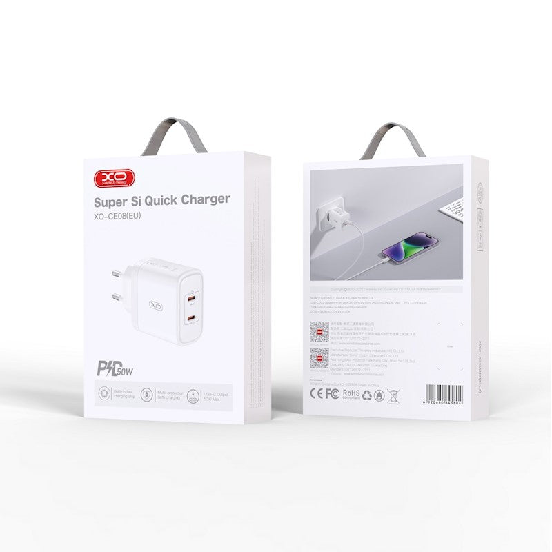 Incarcator Retea XO Design CE08, 50W, 3A, 2 x USB-C, Alb