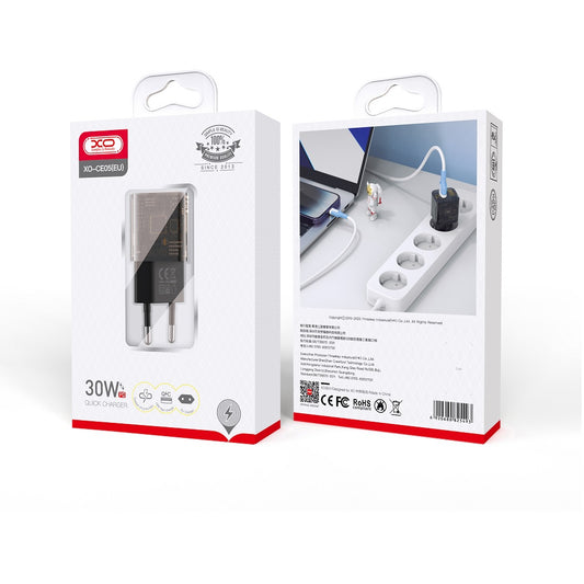 Incarcator Retea XO Design CE05, 30W, 3A, 1 x USB-A - 1 x USB-C, Maro