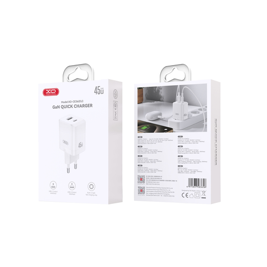Incarcator Retea XO Design CE36, 45W, 3A, 1 x USB-A - 1 x USB-C, Alb