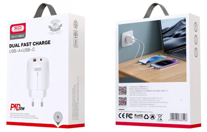 Incarcator Retea XO Design L114, 20W, 3A, 1 x USB-A - 1 x USB-C, Alb