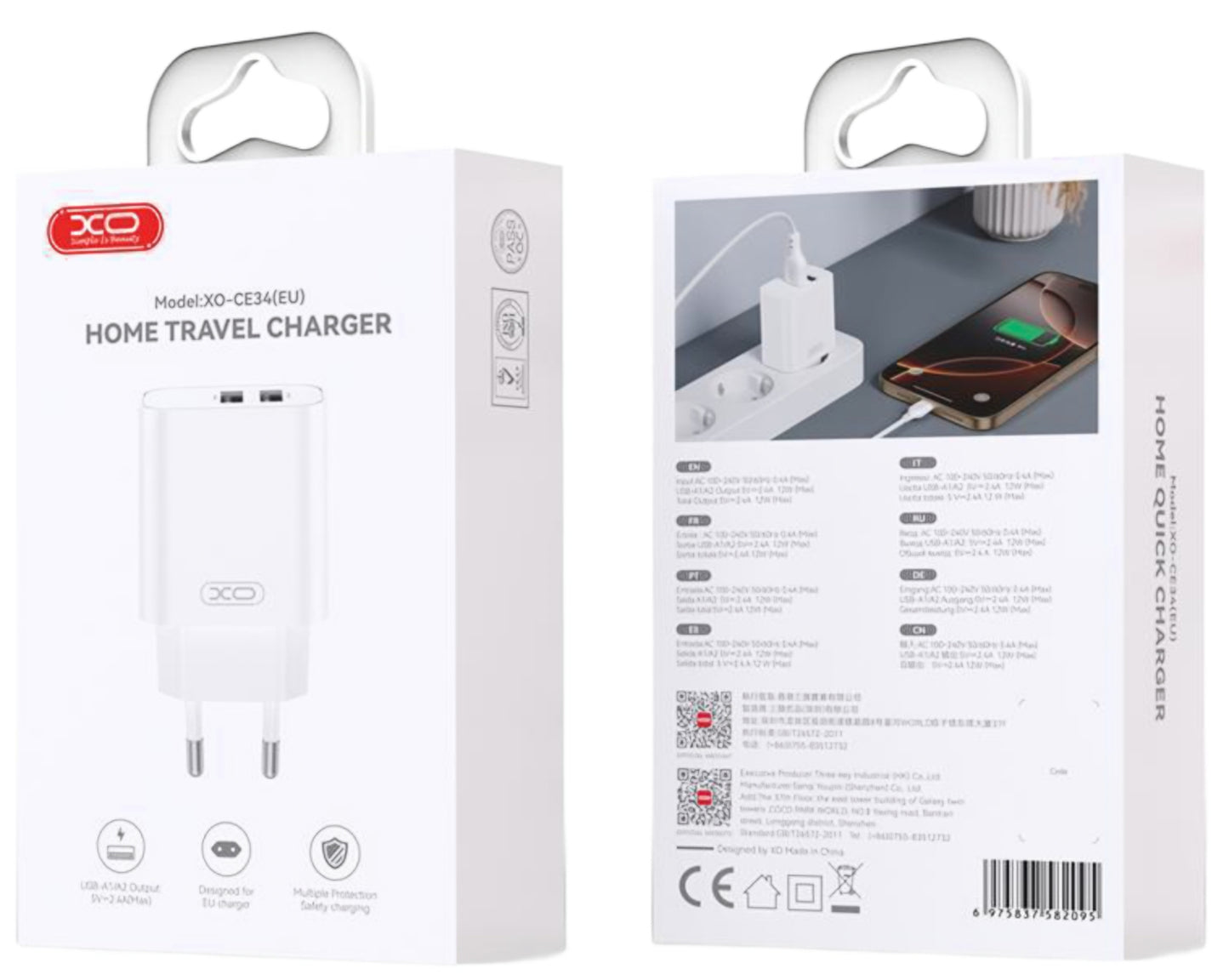Incarcator Retea XO Design CE34, 12W, 2.4A, 2 x USB-A, Alb