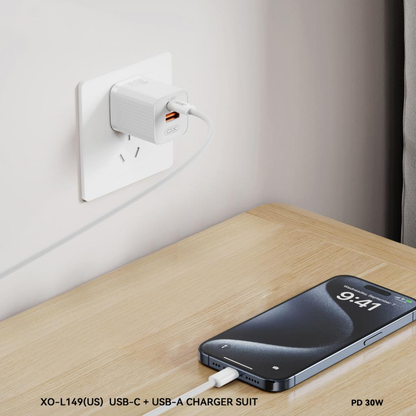 Incarcator Retea XO Design L149, 30W, 3A, 1 x USB-A - 1 x USB-C, Alb