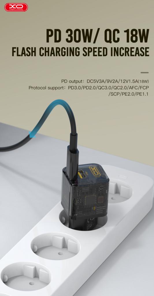 Incarcator Retea XO Design CE05, 30W, 3A, 1 x USB-A - 1 x USB-C, Maro