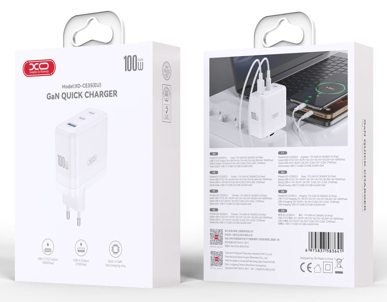 Incarcator Retea XO Design CE35, 100W, 5A, 1 x USB-A - 2 x USB-C, Alb