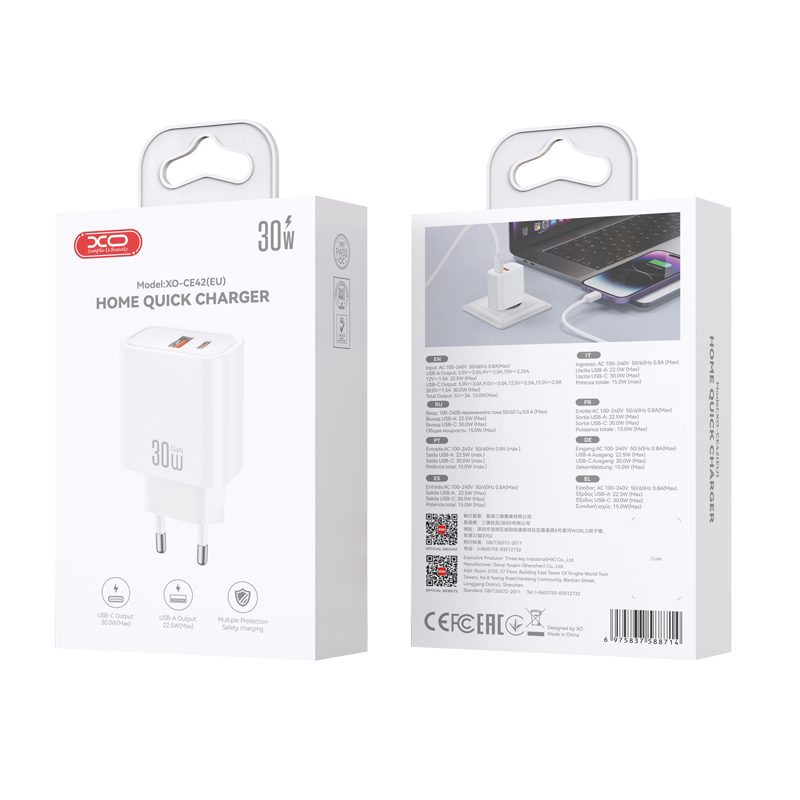 Incarcator Retea XO Design CE42, 30W, 3A, 1 x USB-A - 1 x USB-C, Alb