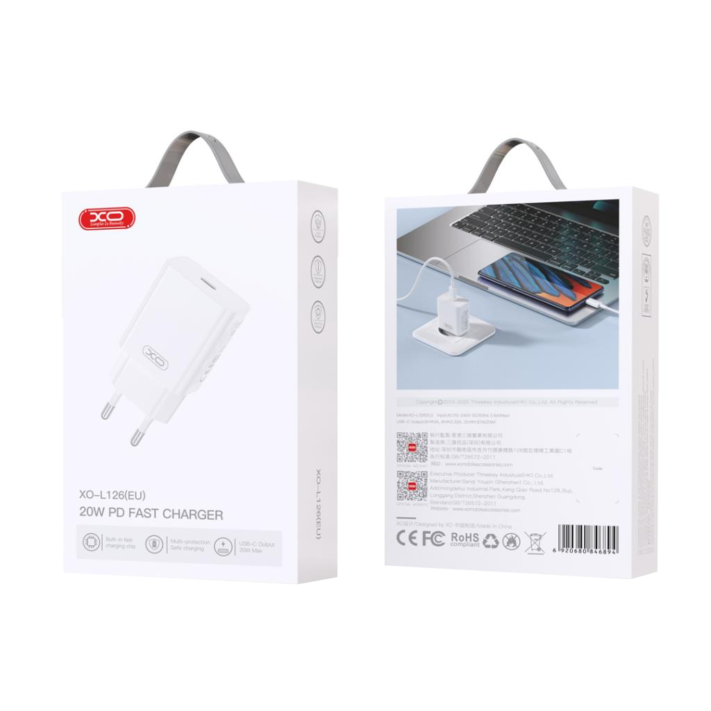 Incarcator Retea XO Design L126, 20W, 3A, 1 x USB-C, Alb
