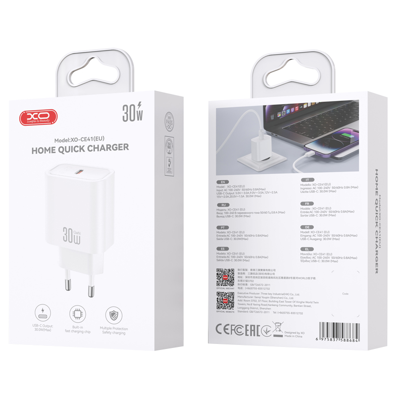 Incarcator Retea XO Design CE41, 30W, 3A, 1 x USB-C, Alb