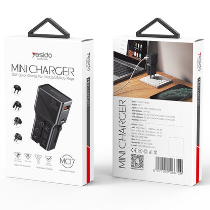 Incarcator Retea Yesido MC17 Travel, 20W, 3A, 1 x USB-A - 1 x USB-C, Negru