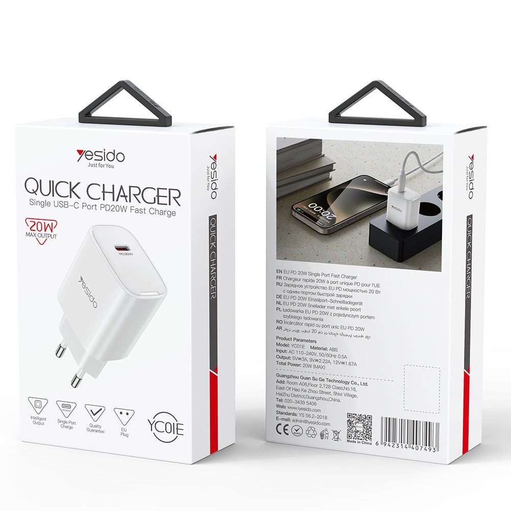 Incarcator Retea Yesido YC01E, 20W, 3A, 1 x USB-C, Alb
