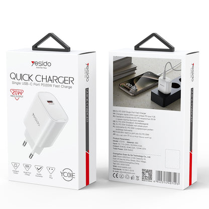 Incarcator Retea Yesido YC01E, 20W, 3A, 1 x USB-C, Alb
