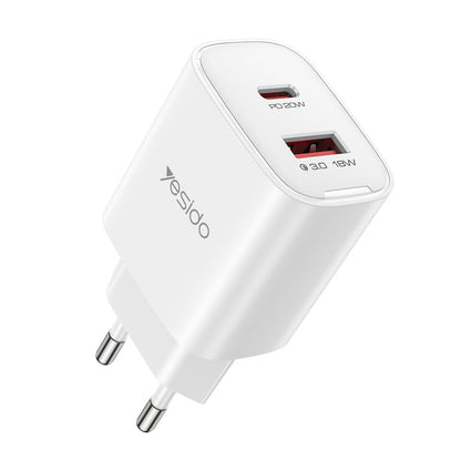 Incarcator Retea Yesido YC02E, 20W, 3A, 1 x USB-A - 1 x USB-C, Alb
