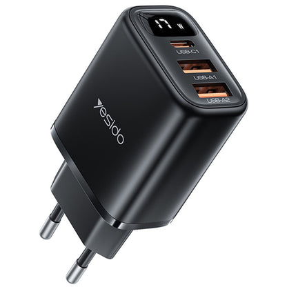 Incarcator Retea Yesido YC67 Display, 17W, 2.4A, 2 x USB-A - 1 x USB-C, Negru