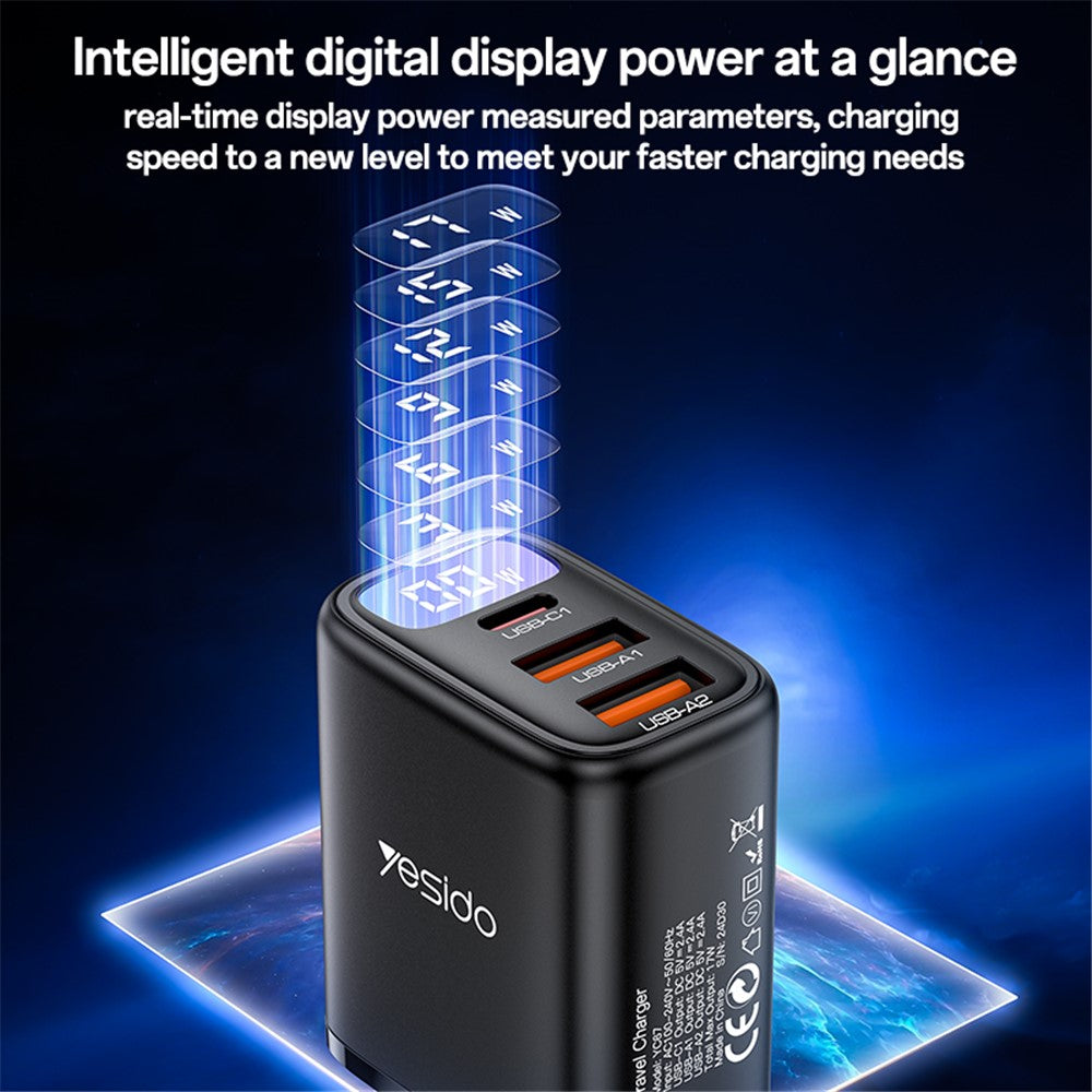 Incarcator Retea Yesido YC67 Display, 17W, 2.4A, 2 x USB-A - 1 x USB-C, Negru