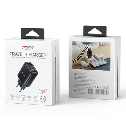 Incarcator Retea Yesido YC67 Display, 17W, 2.4A, 2 x USB-A - 1 x USB-C, Negru