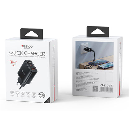 Incarcator Retea Yesido YC68, 20W Display, 3A, 1 x USB-A - 1 x USB-C, Negru