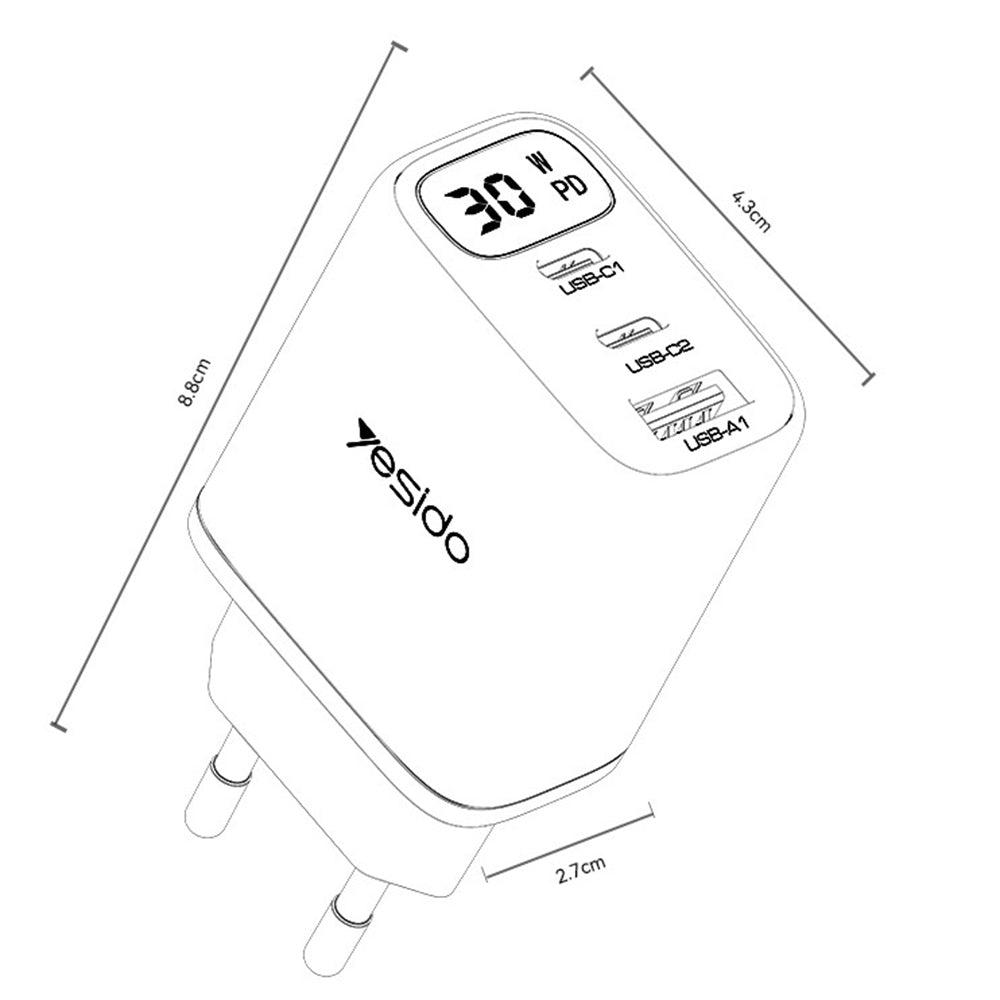 Incarcator Retea Yesido YC69 Display, 30W, 3A, 1 x USB-A - 2 x USB-C, Negru