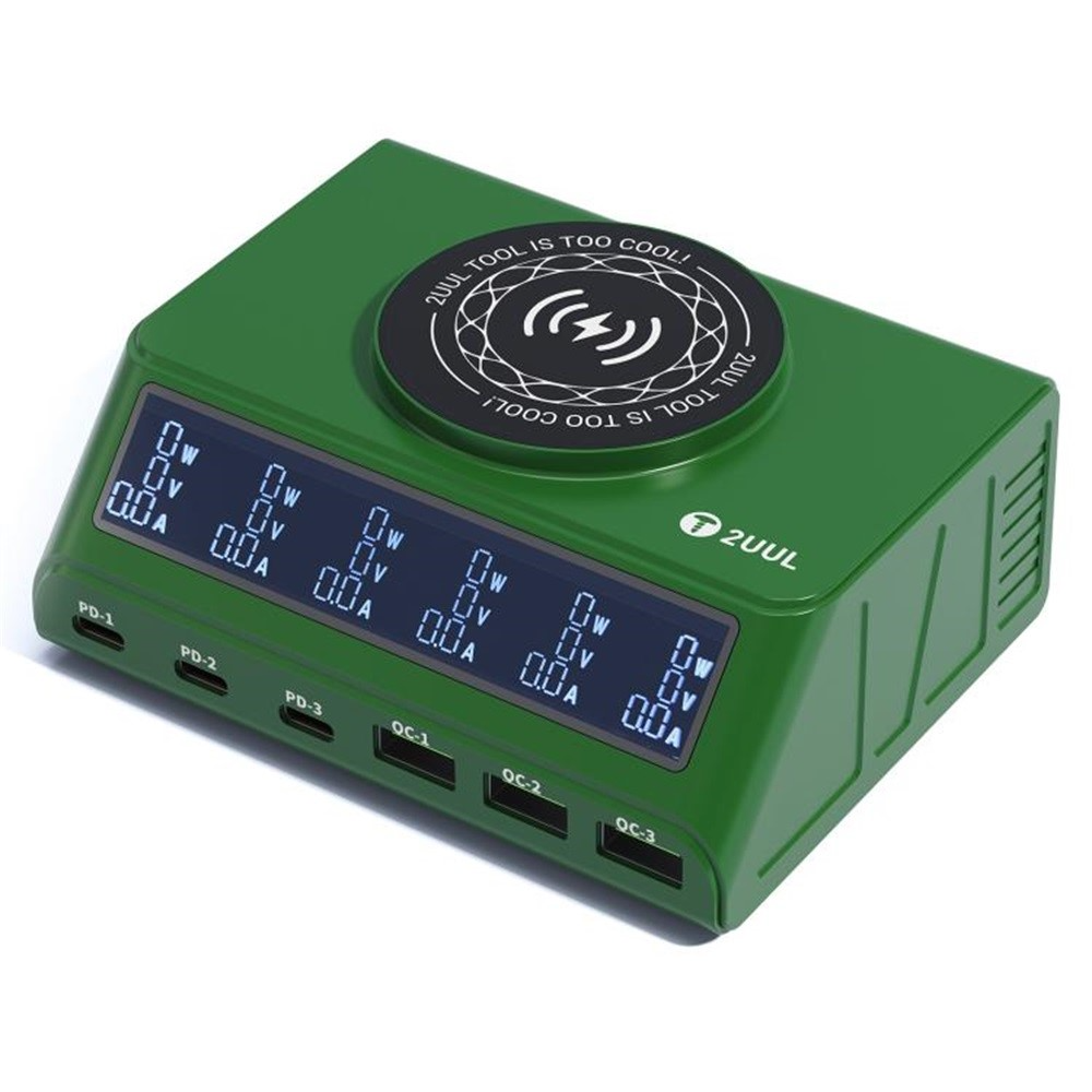 Incarcator Statie 2UUL PC11 QI, 110W, 3A, 3 x USB-A - 3 x USB-C, Verde