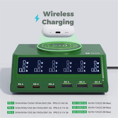 Incarcator Statie 2UUL PC11 QI, 110W, 3A, 3 x USB-A - 3 x USB-C, Verde