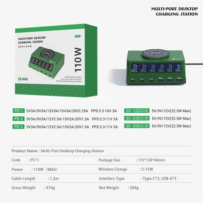 Incarcator Statie 2UUL PC11 QI, 110W, 3A, 3 x USB-A - 3 x USB-C, Verde