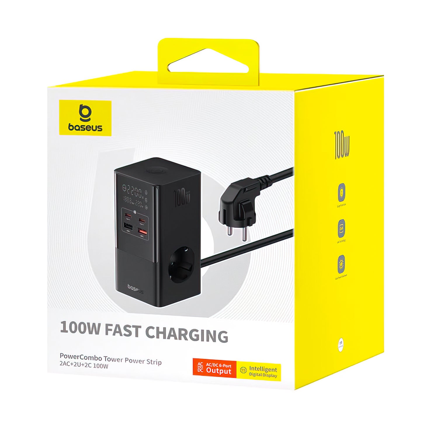 Incarcator Statie Baseus PowerCombo Tower, 100W, 5A, 2 x Schuko - 2 x USB-A - 2 x USB-C, Negru E00023609113-00