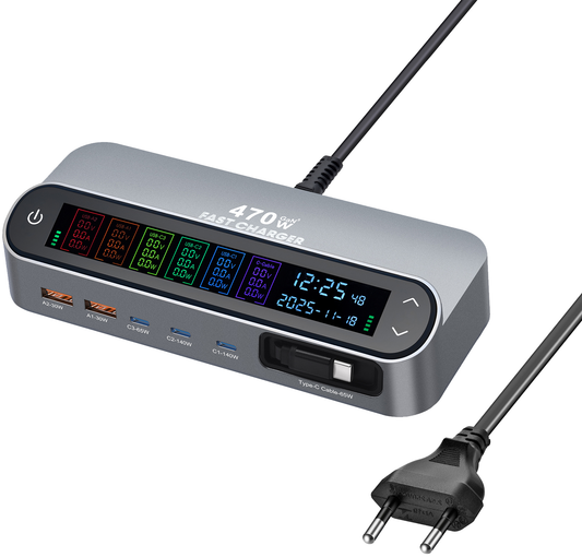 Incarcator Statie Cu Cablu USB-C OEM LCD470W, 470W, 5A, 2 x USB-A - 3 x USB-C, Gri
