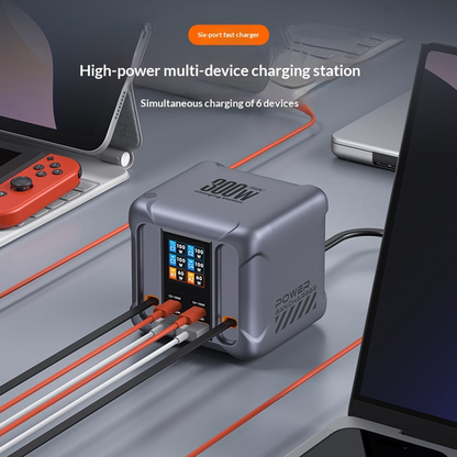 Incarcator Statie Cu Cablu USB-C OEM HW866, 300W, 5A, 2 x USB-A - 2 x USB-C, Gri