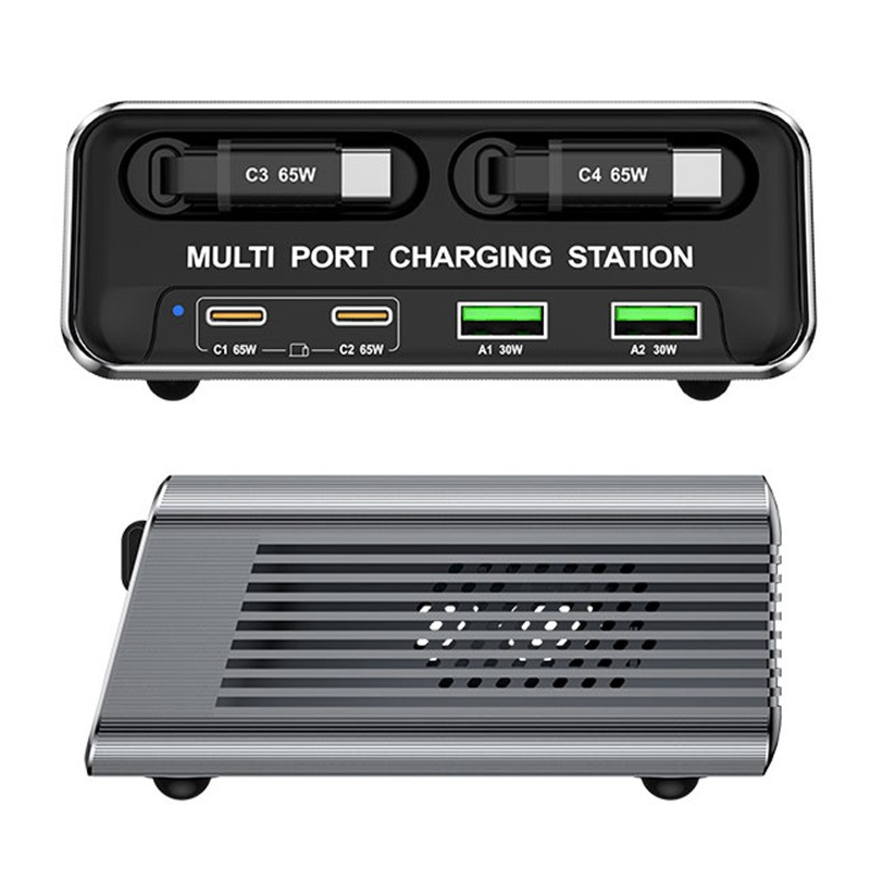 Incarcator Statie Cu Cablu USB-C OEM WLX-60C, 130W, 2 x USB-A - 2 x USB-C, Gri