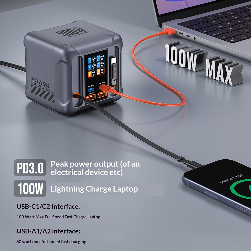Incarcator Statie Cu Cablu USB-C OEM HW866, 300W, 5A, 2 x USB-A - 2 x USB-C, Gri